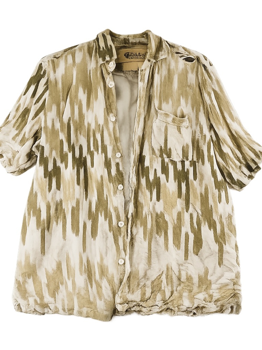 Vintage Thrasher Men's Silk Short Sleeve Button Up Shirt Olive Cream Grunge